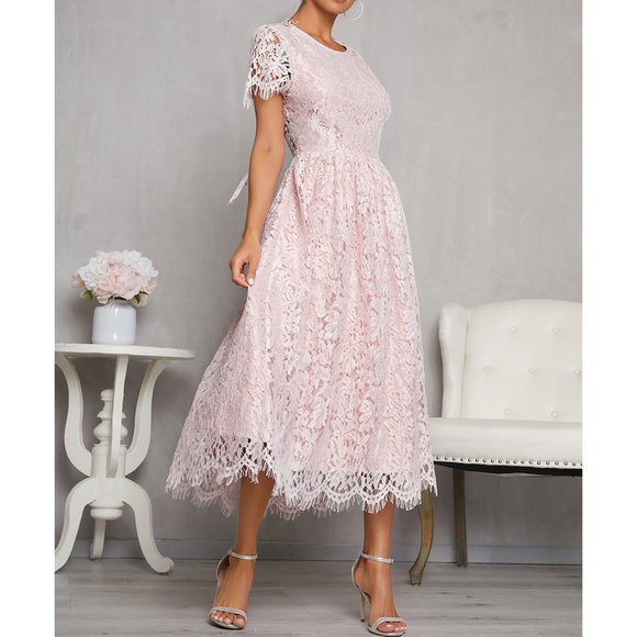 Pink Tie Open Back Fit & Flare Lace Midi Dress - Picture 3 of 6